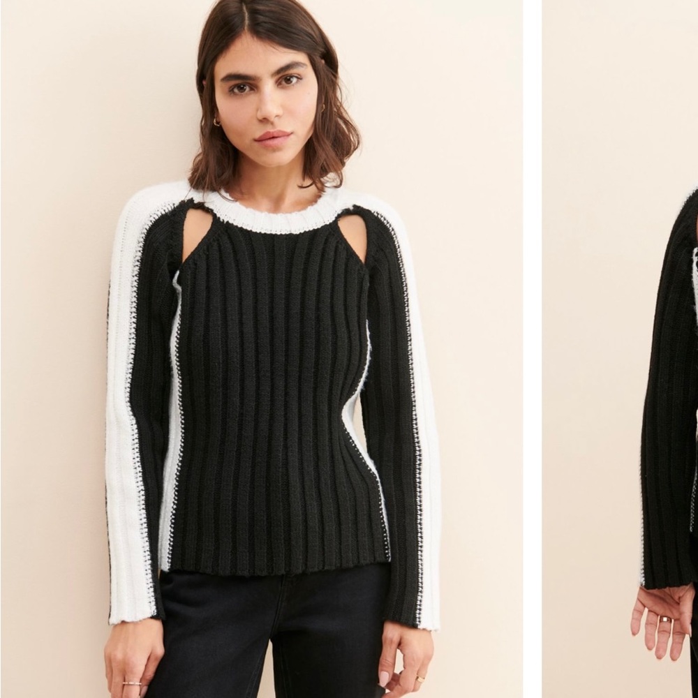 Black and white ribbed sweater with shoulder and back styled cutouts - Picture 1 of 3